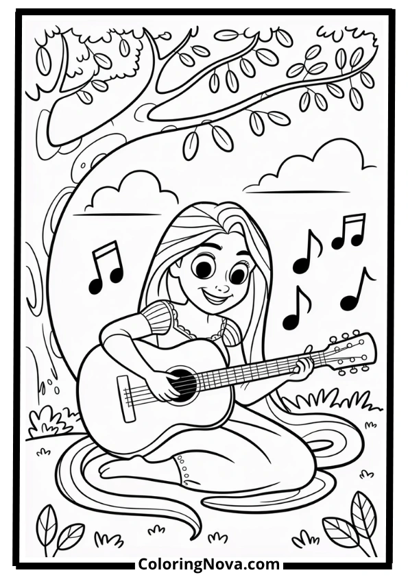 Rapunzel Playing Guitar Coloring Page