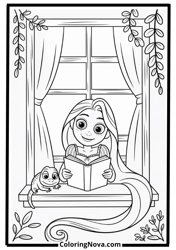 Rapunzel Reading by the Tower Window Coloring Page