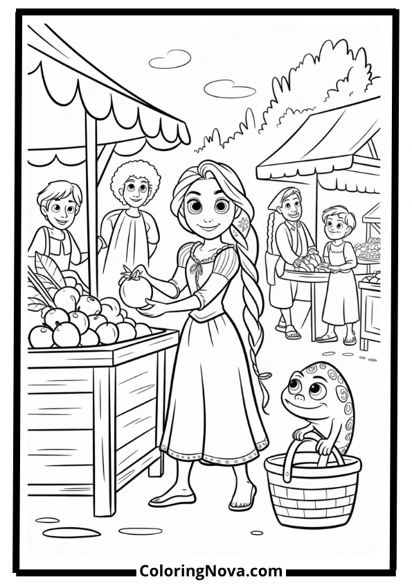 Rapunzel Visiting the Market Coloring Page