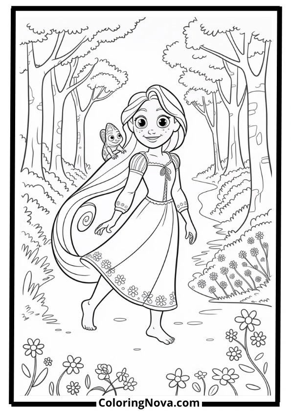Rapunzel and Pascal Exploring the Forest Coloring Page