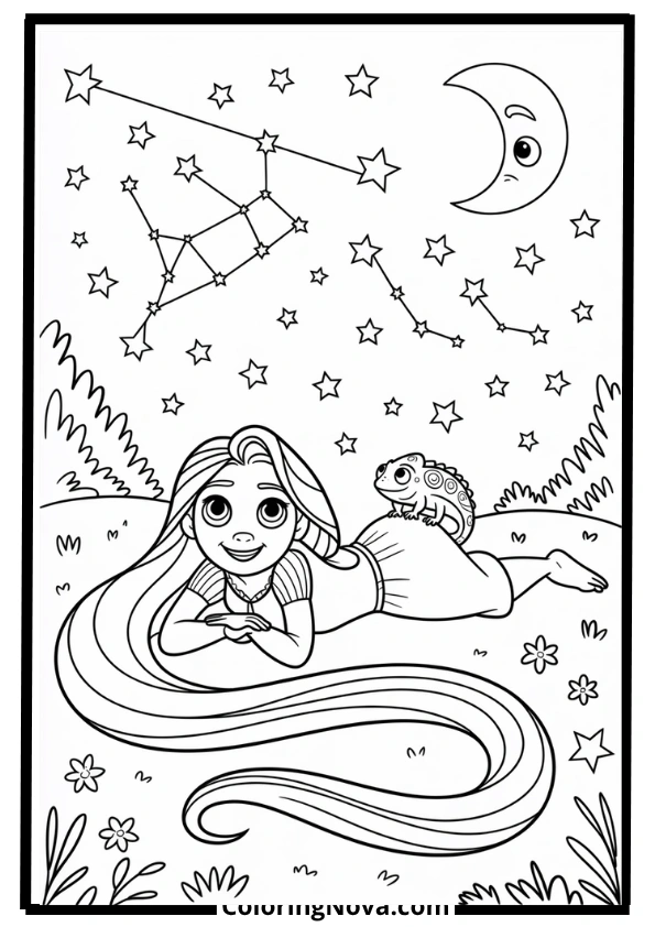 Rapunzel and Pascal Under Starry Sky Coloring Page