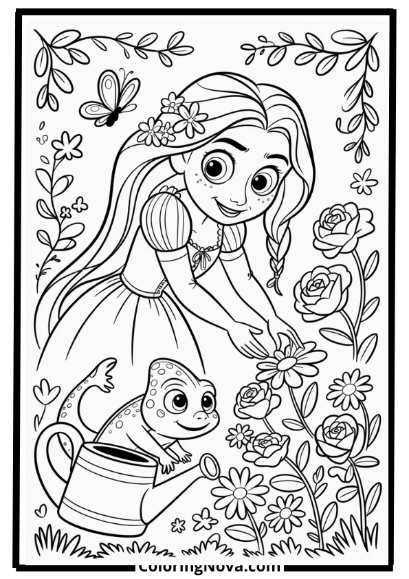 Rapunzel and Pascal in Flower Garden Coloring Page