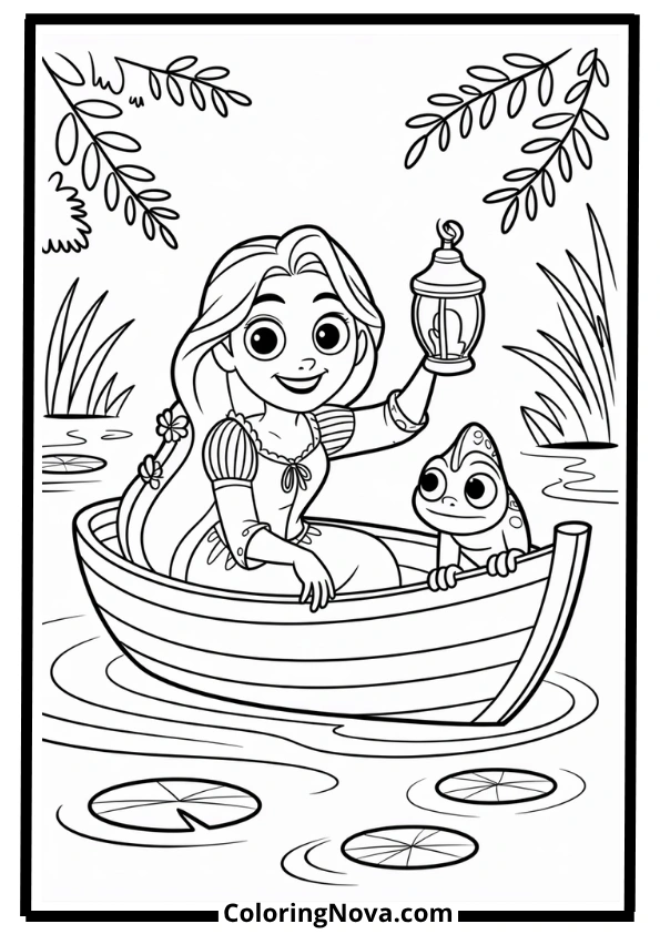 Rapunzel and Pascal in the Rowboat Coloring Page