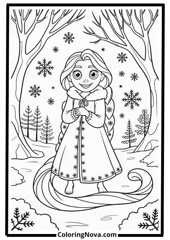 Rapunzel in Winter Forest Coloring Page