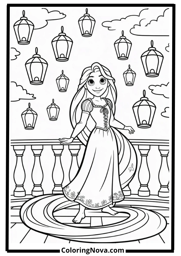 Rapunzel with Floating Lanterns Coloring Page
