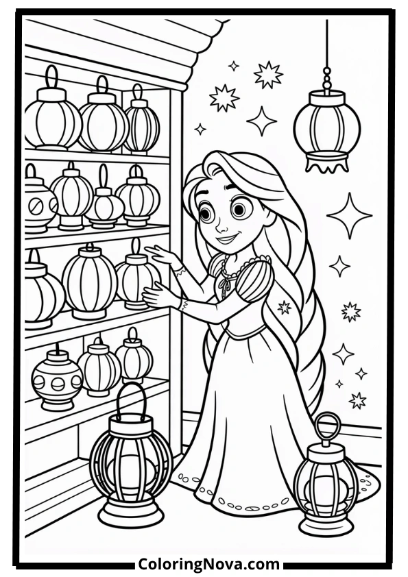 Rapunzel with Her Lantern Collection Coloring Page