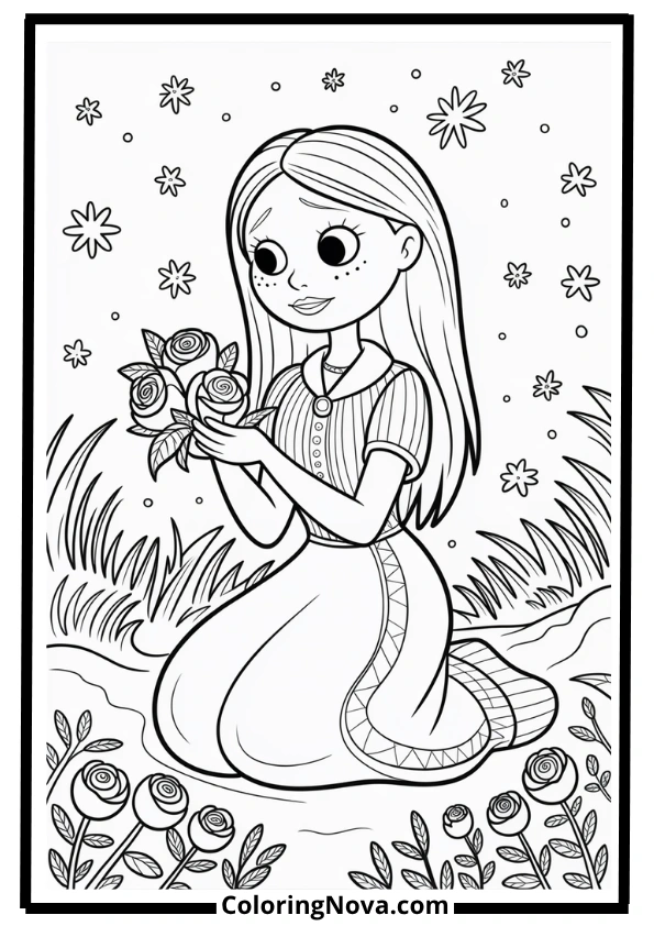 Sally Picking Frozen Flowers Coloring Page