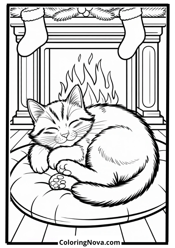 Sleeping Cat by Fireplace Coloring Page