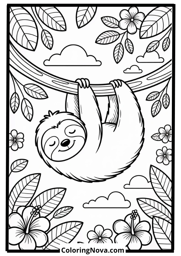Sloth Hanging from Tree Branch with Flowers Coloring Page