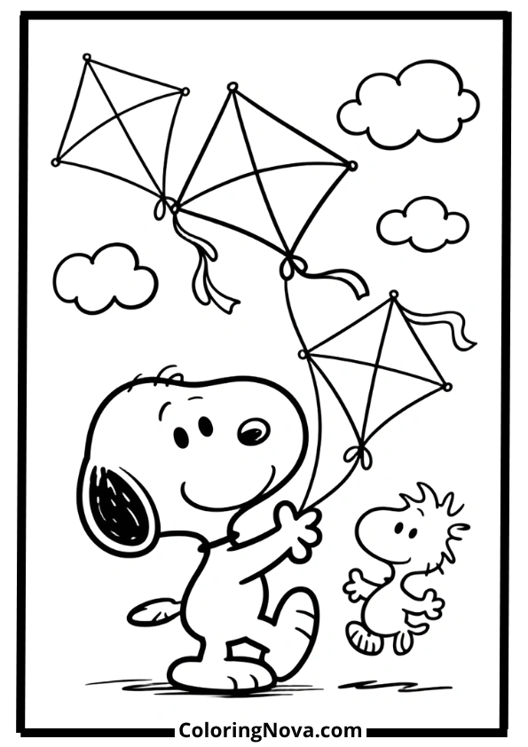 Snoopy and Woodstock Flying Kites Coloring Pages