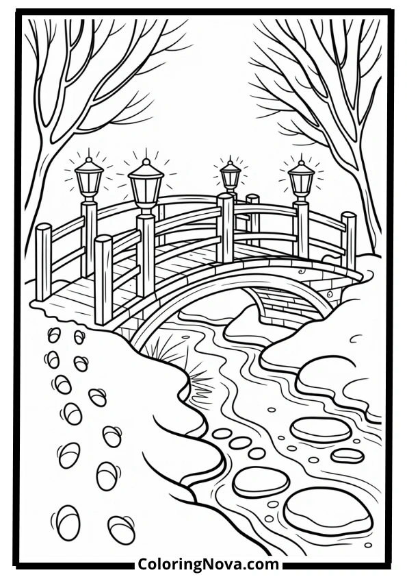 Snowy Bridge Over Frozen Stream Coloring Page
