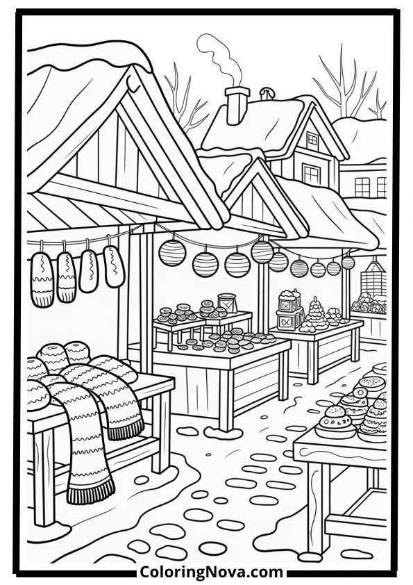 Snowy Village Market Coloring Page
