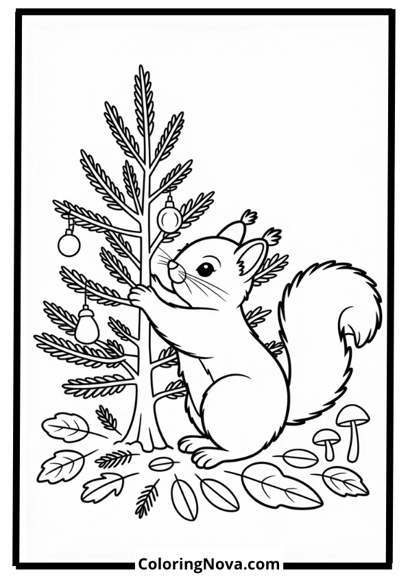 Squirrel Decorating Tree with Acorns Coloring Page