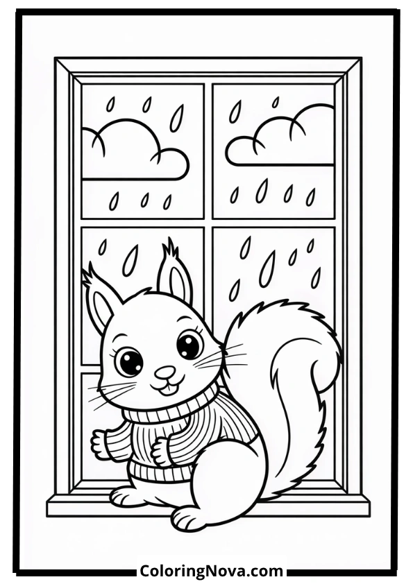 Squirrel Watching Rain Coloring Page