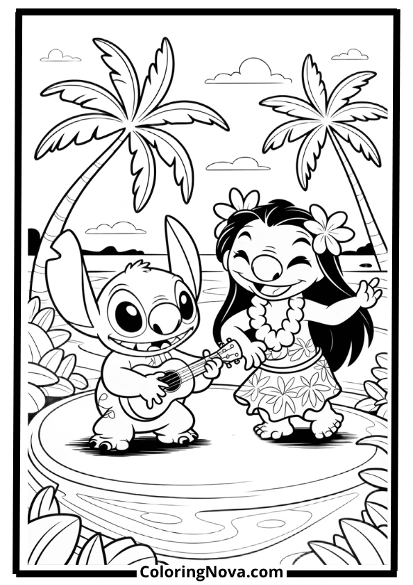 Stitch’s Ukulele Beach Day Coloring Pages