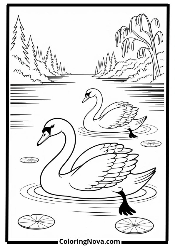 Swan Couple Gliding on Lake Coloring Page