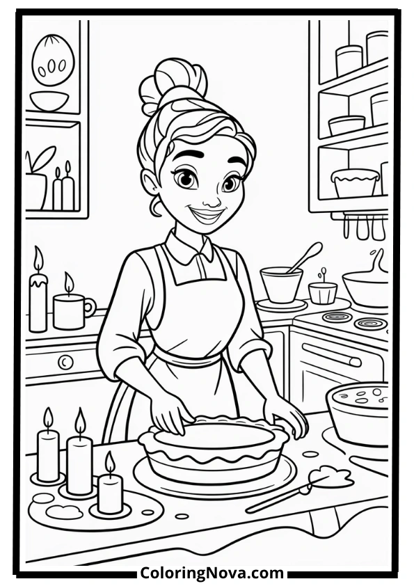 Tiana Baking at Night Coloring Page