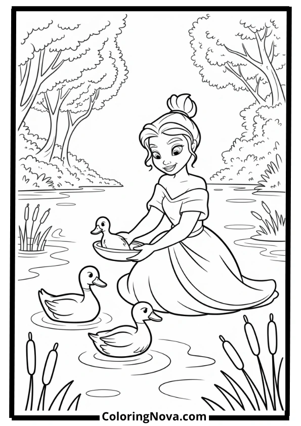 Tiana Feeding Ducks Coloring Page
