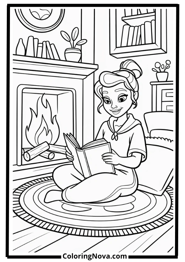 Tiana Reading by the Fireplace Coloring Page