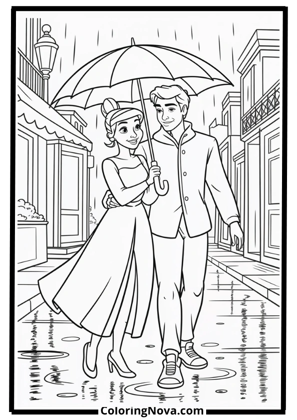Tiana and Naveen in Rainy Street Coloring Page