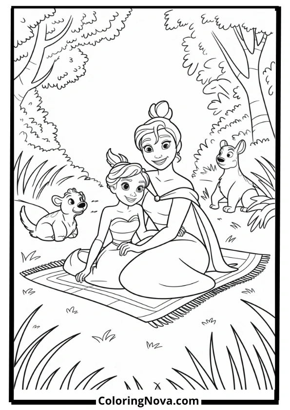 Tiana and charlotte ’s Forest Picnic Coloring Page