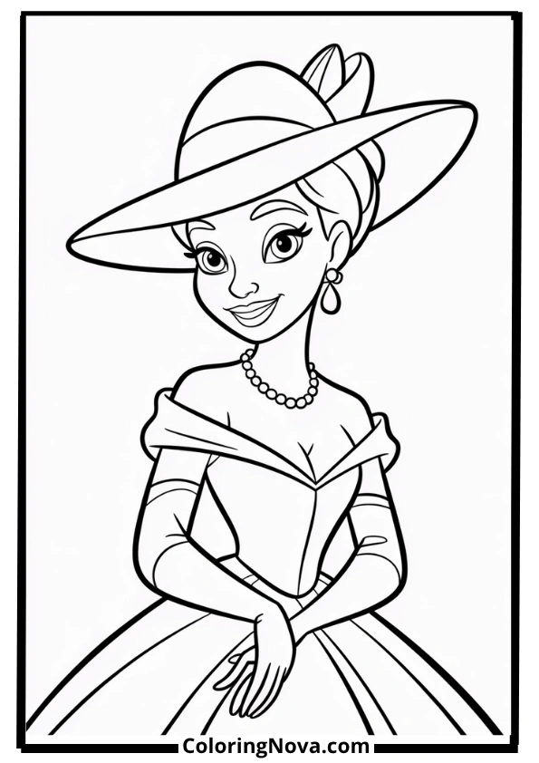 Tiana in Elegant Hat Coloring Page