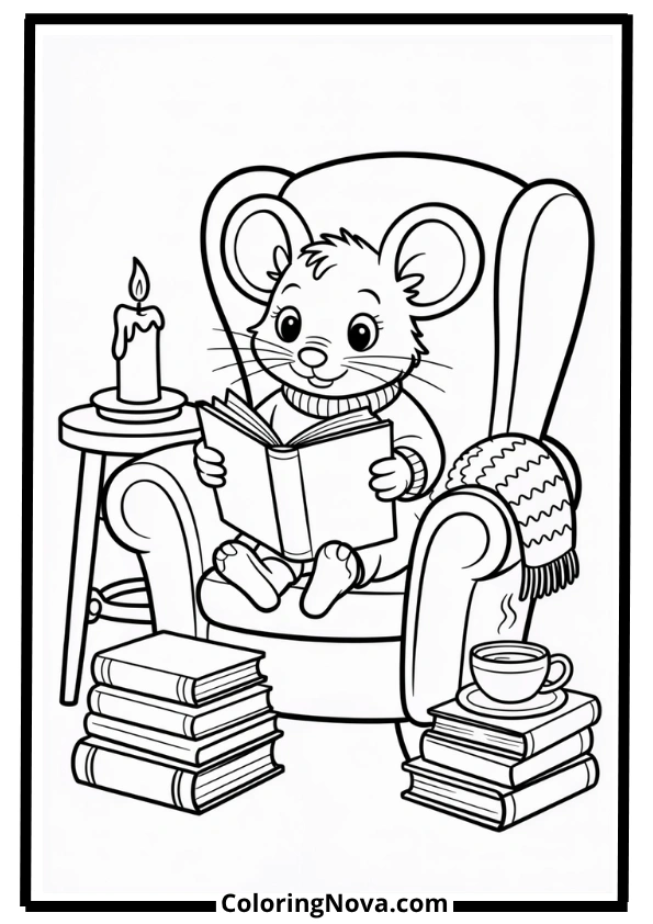 Tiny Mouse Reading a Book Beside Candle Coloring Page
