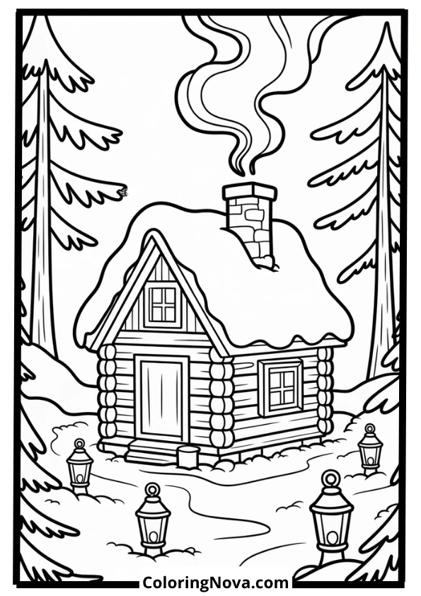 Whimsical Winter Cabin Coloring Page