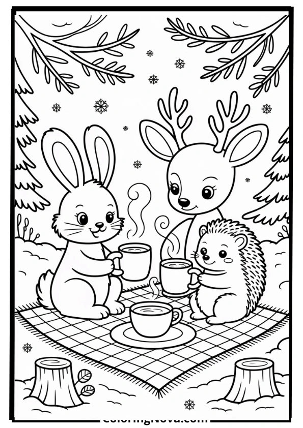 Winter Tea Party with Forest Friends Coloring Page