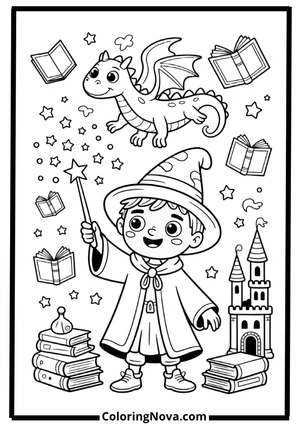Wizard and Dragon Coloring Pages