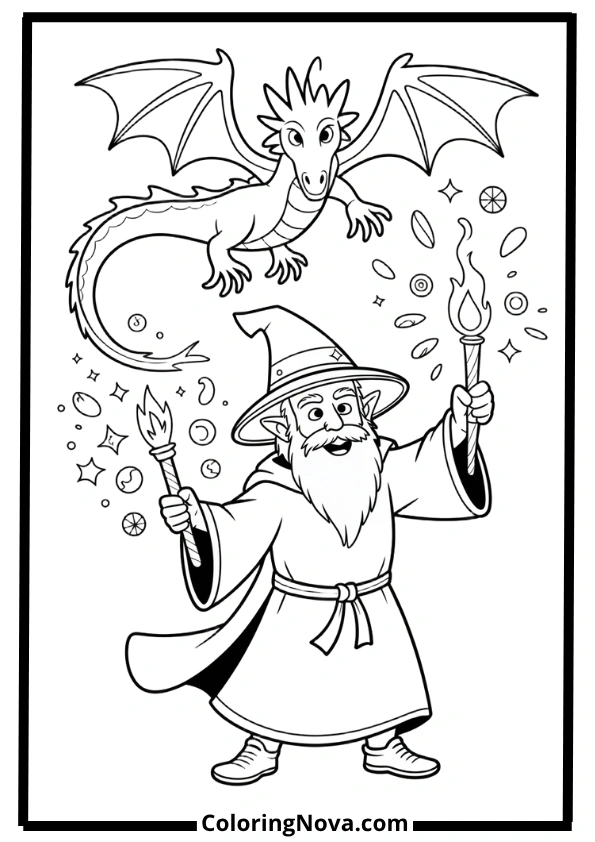 Wizard and Magic Dragon Coloring Pages