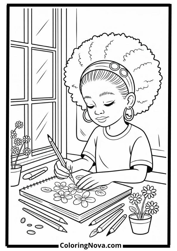 Artistic Black Girl Sketching by Window Coloring Page