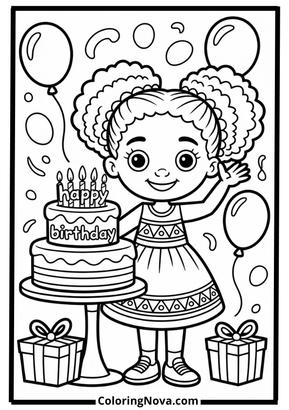 Black Girl Birthday Celebration Coloring Page