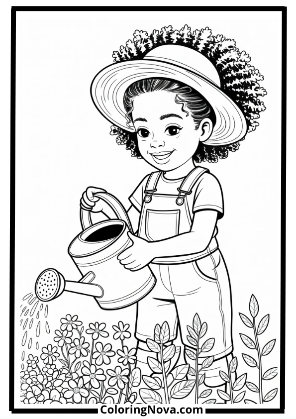Black Girl Gardening with Flowers Coloring Page