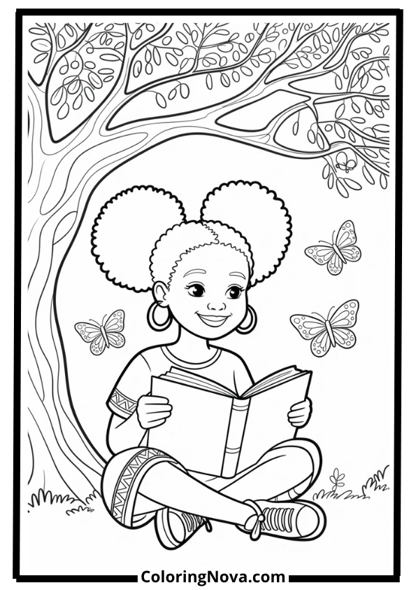 Black Girl Reading Under a Tree Coloring Page