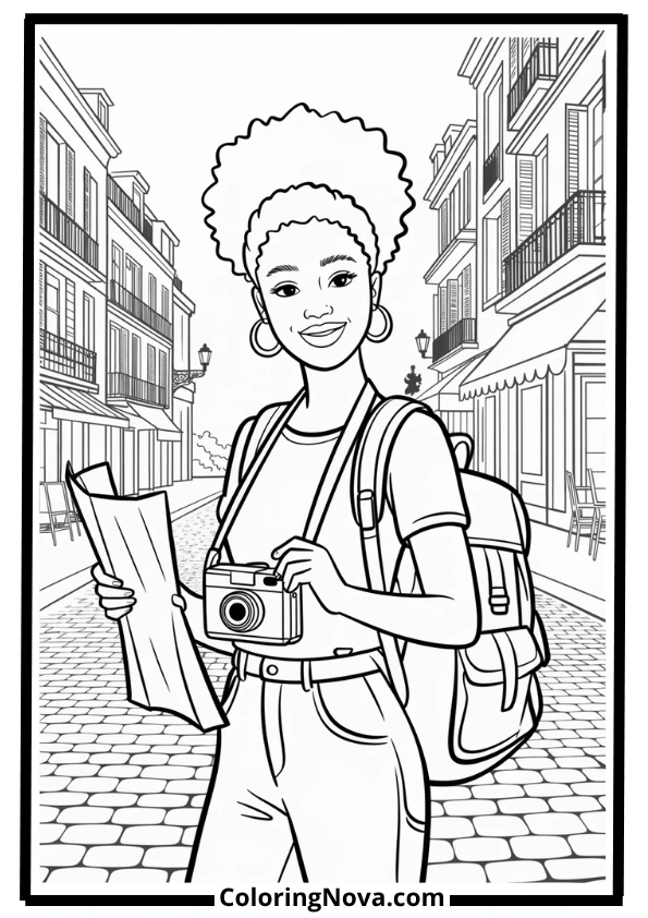 Black Girl Traveler Exploring the City Coloring Page