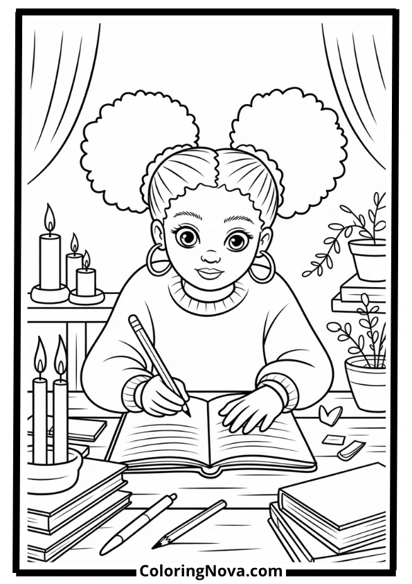 Black Girl Writing in Her Diary Coloring Page