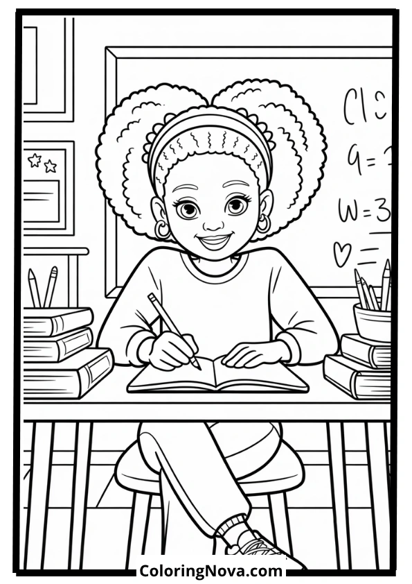 Black Teen Student Drawing in Class Coloring Page
