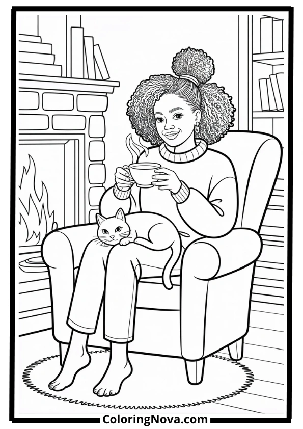 Cozy Black Girl with Tea and Cat Coloring Page