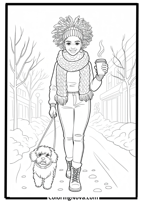 Cozy Winter Walk Black Girl Coloring Page