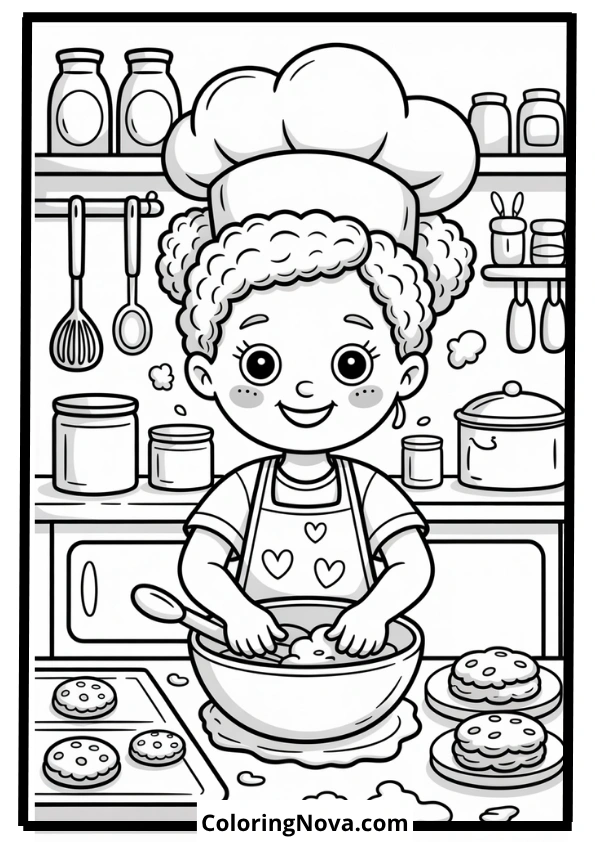 Cute Black Girl Baking Cookies Coloring Page