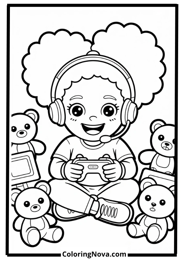 Gamer Black Girl with Headset Coloring Page