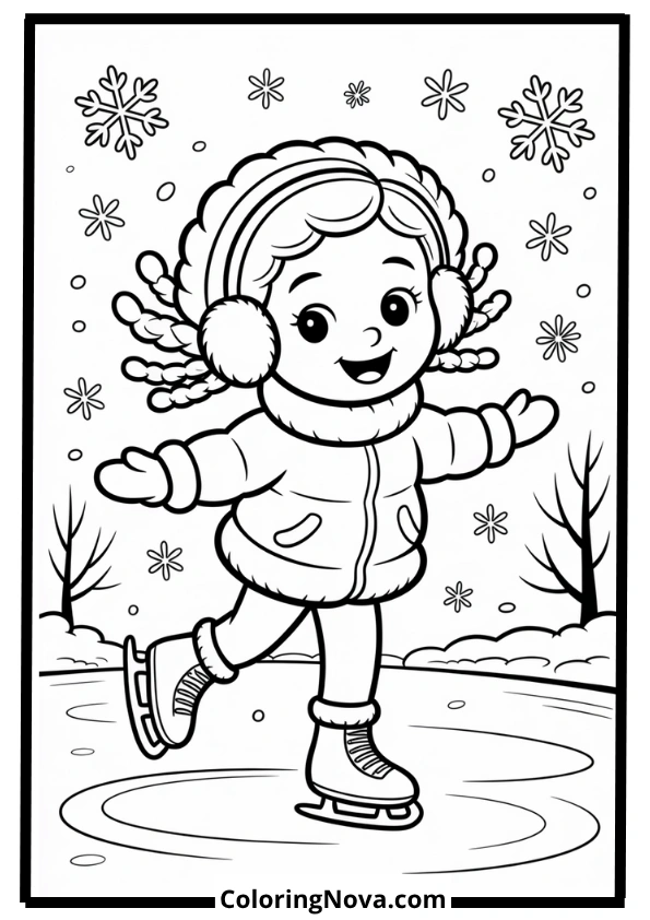 Ice Skating Black Girl Winter Fun Coloring Page
