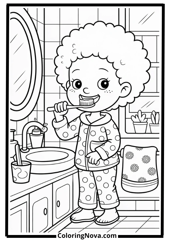 Morning Routine Black Girl in Pajamas Coloring Page