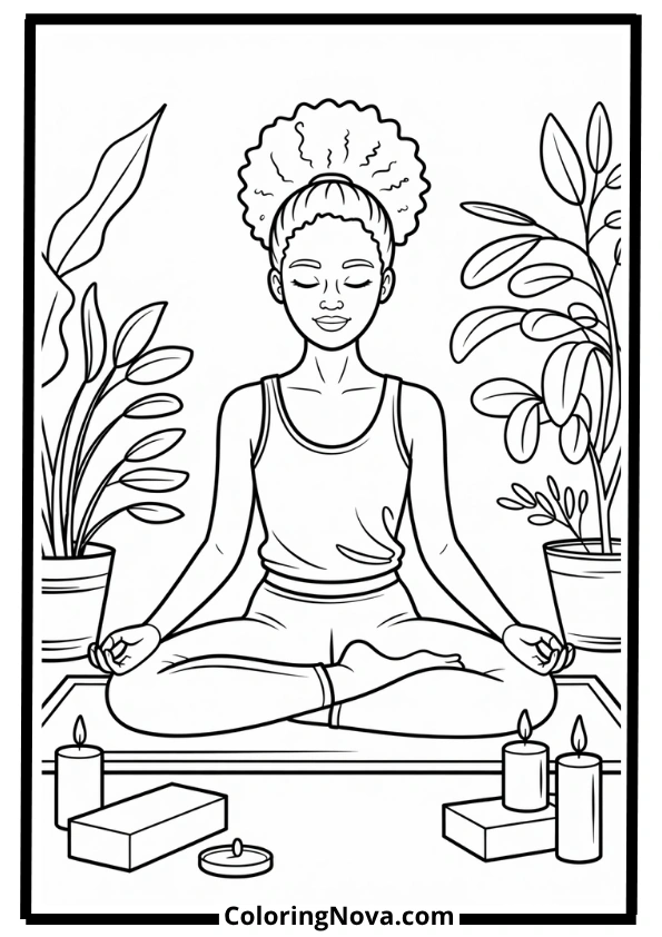 Peaceful Black Girl Yoga Practice Coloring Page