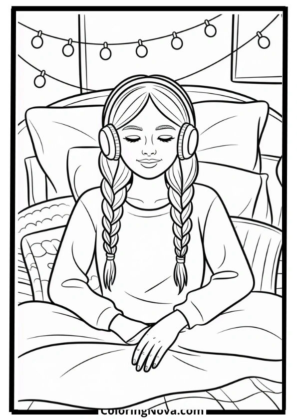 Relaxing Black Girl Listening to Music Coloring Page