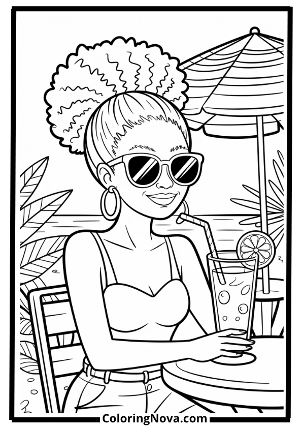 Summer Vibes Black Girl at the Beach Café Coloring Page